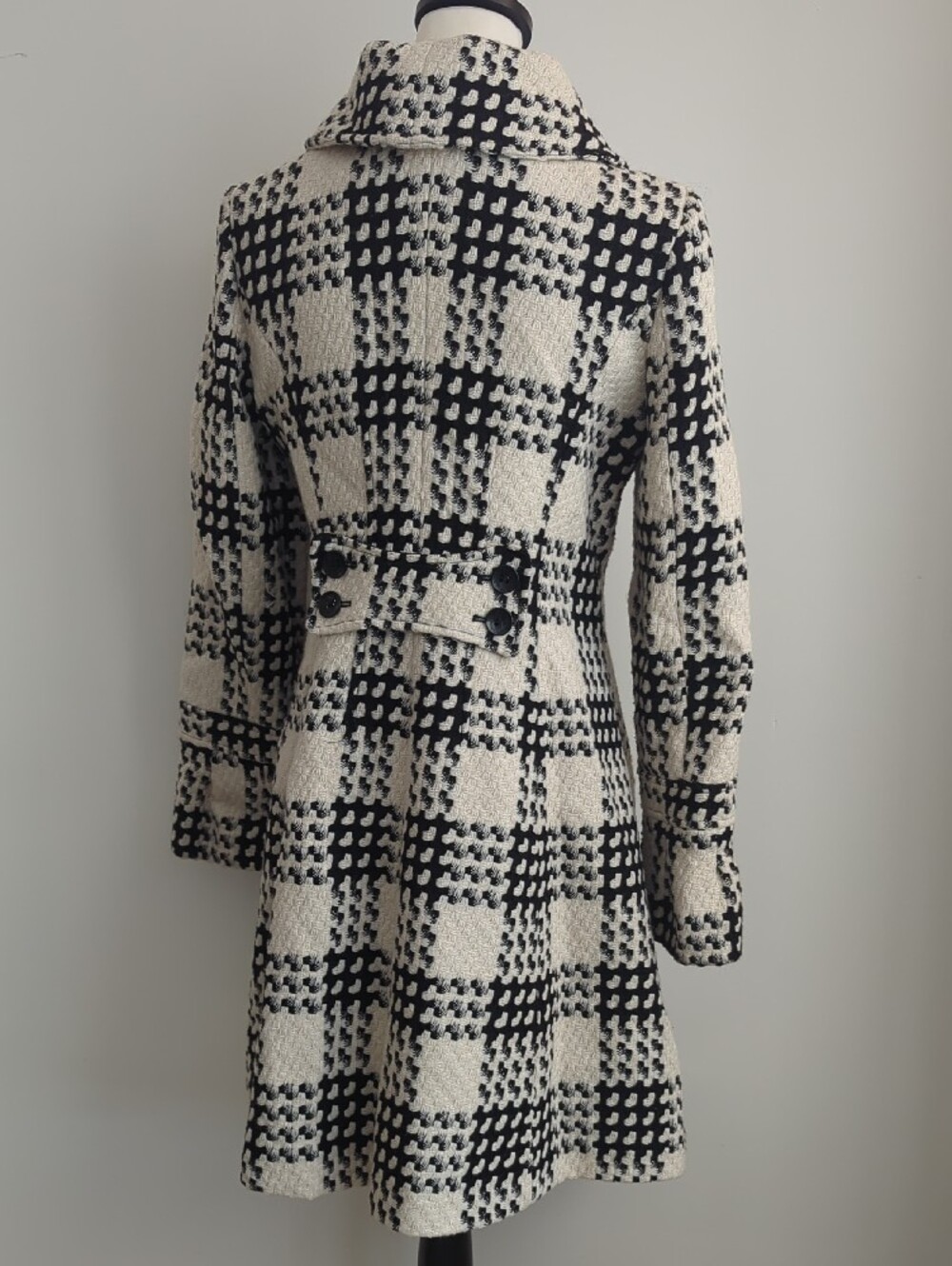 Via Spiga Vintage Monochrome Plaid Flared Skirt Bell Sleeve Winter Peacoat - Picture 6 of 13